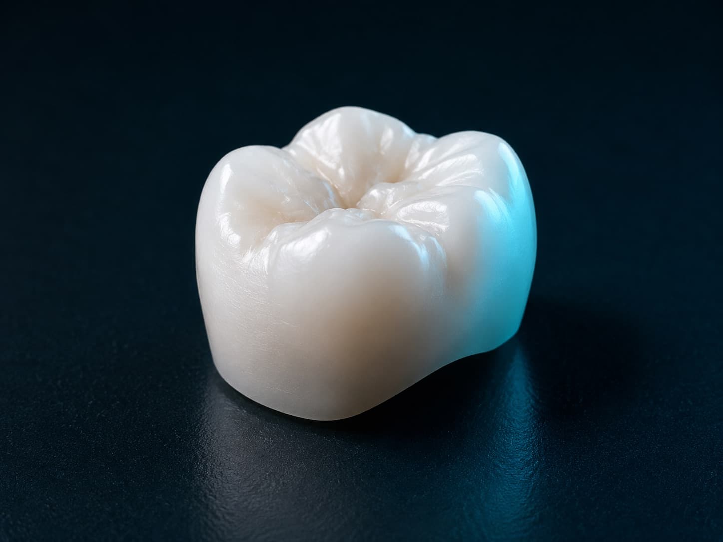 Monolithische Zirkonoxidkrone für einen Molaren, vollanatomisch, auf dunklem Grund.